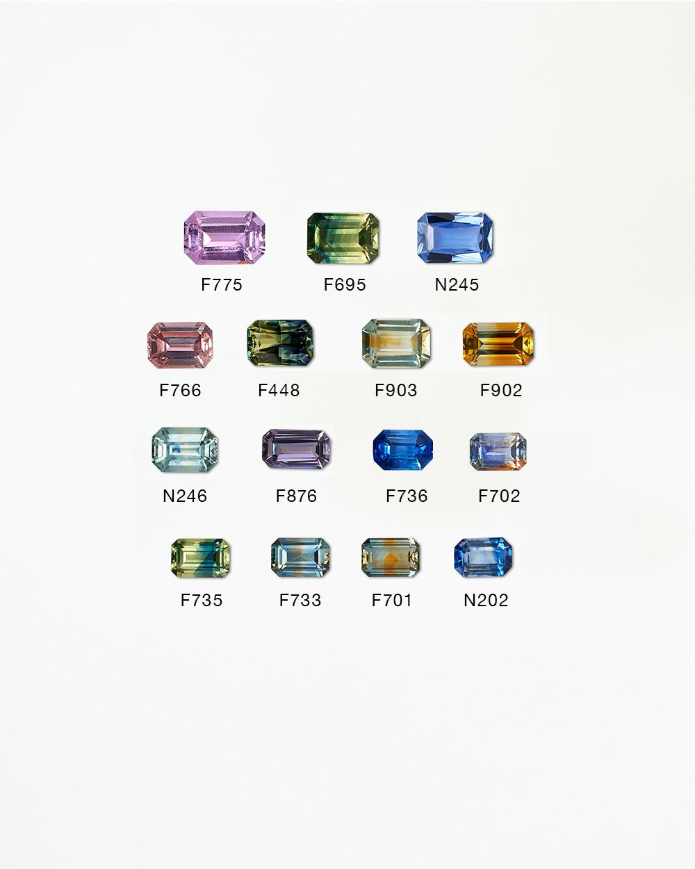 Collection of various colored gemstones on a white background