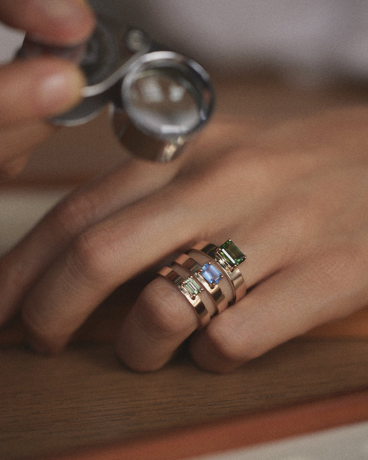 [lifestyle]Close-up of a hand wearing multiple rings with gemstones, held by another hand.