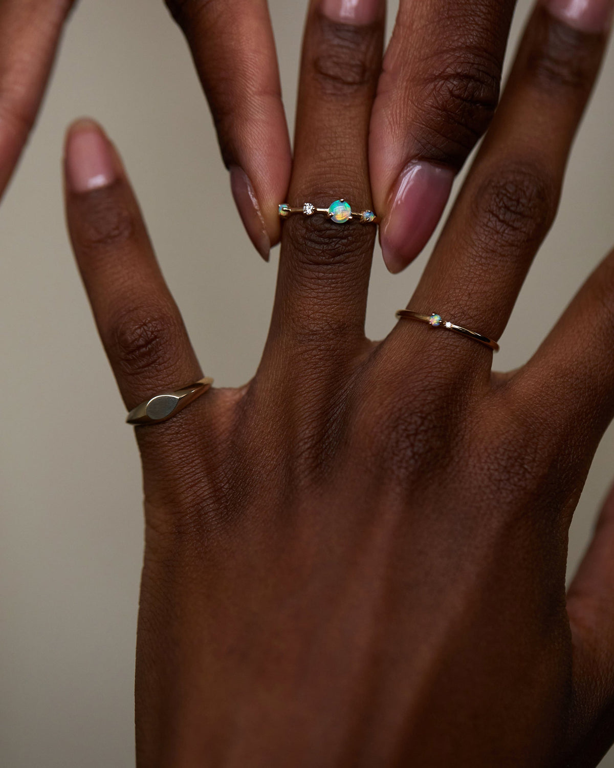 Large Opal and Diamond Four-Step Ring