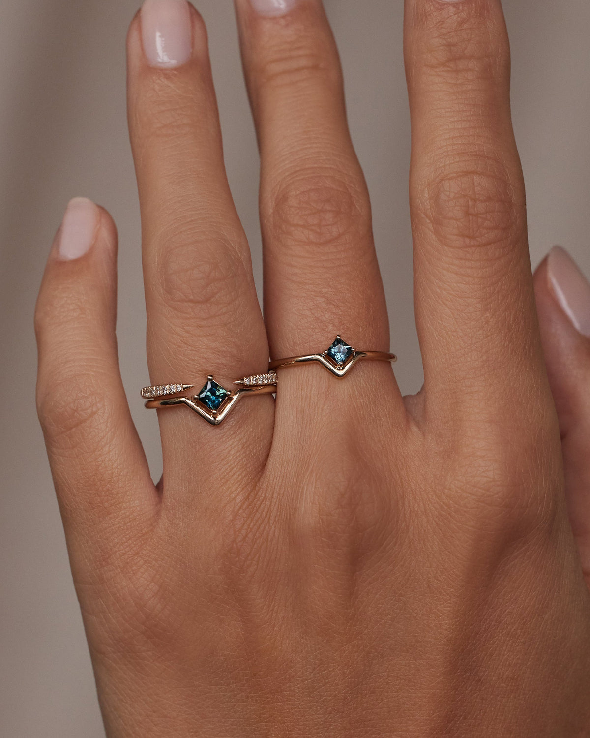 Medium Princess Cut Teal Sapphire Nestled Ring