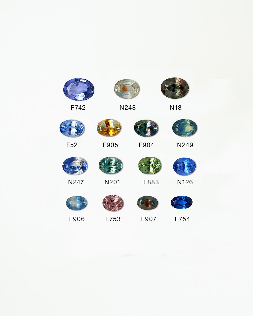 Collection of colorful gemstones with labels on a white background