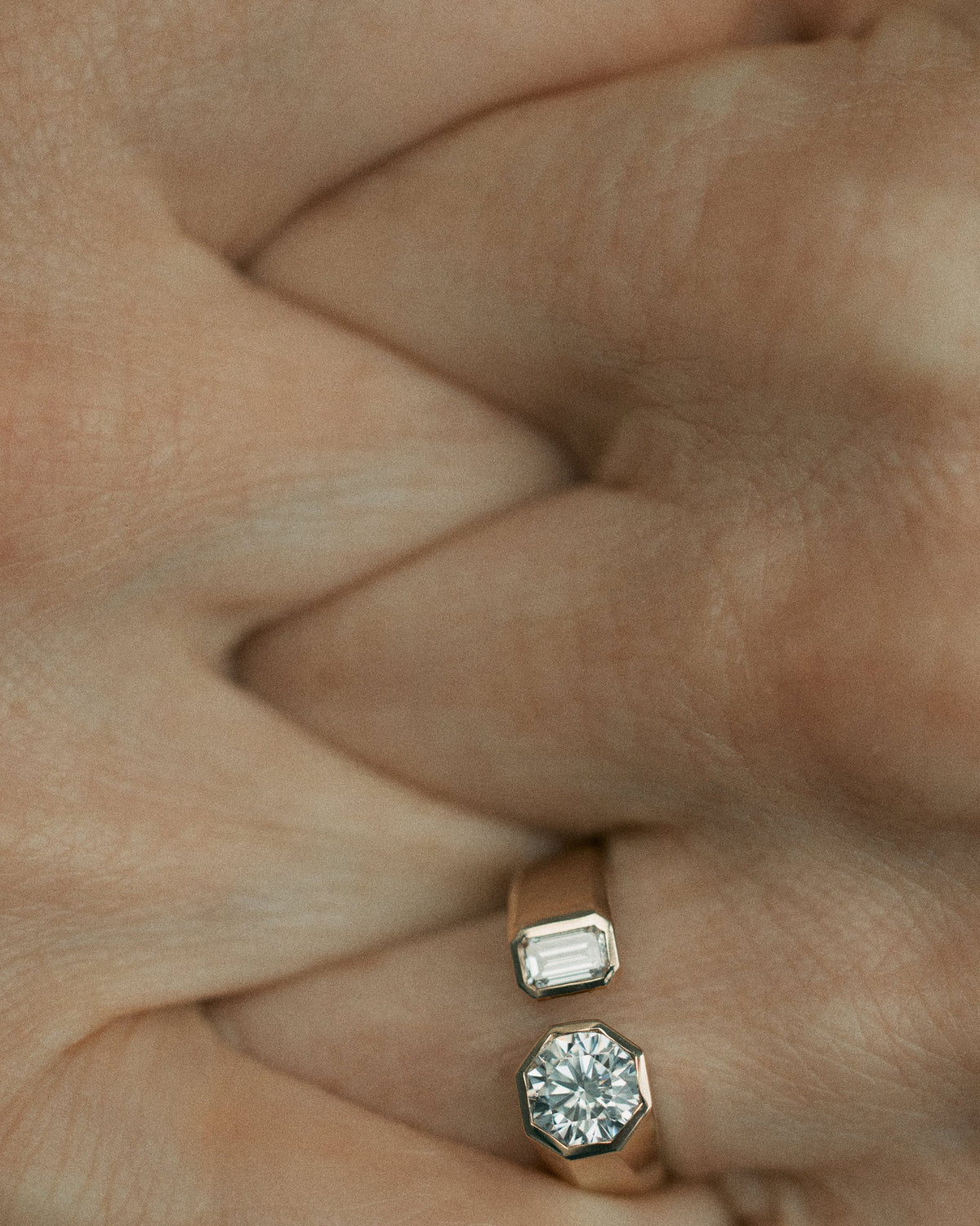 [lifestyle]Round and Emerald Cut Diamond Dyad Signet Ring