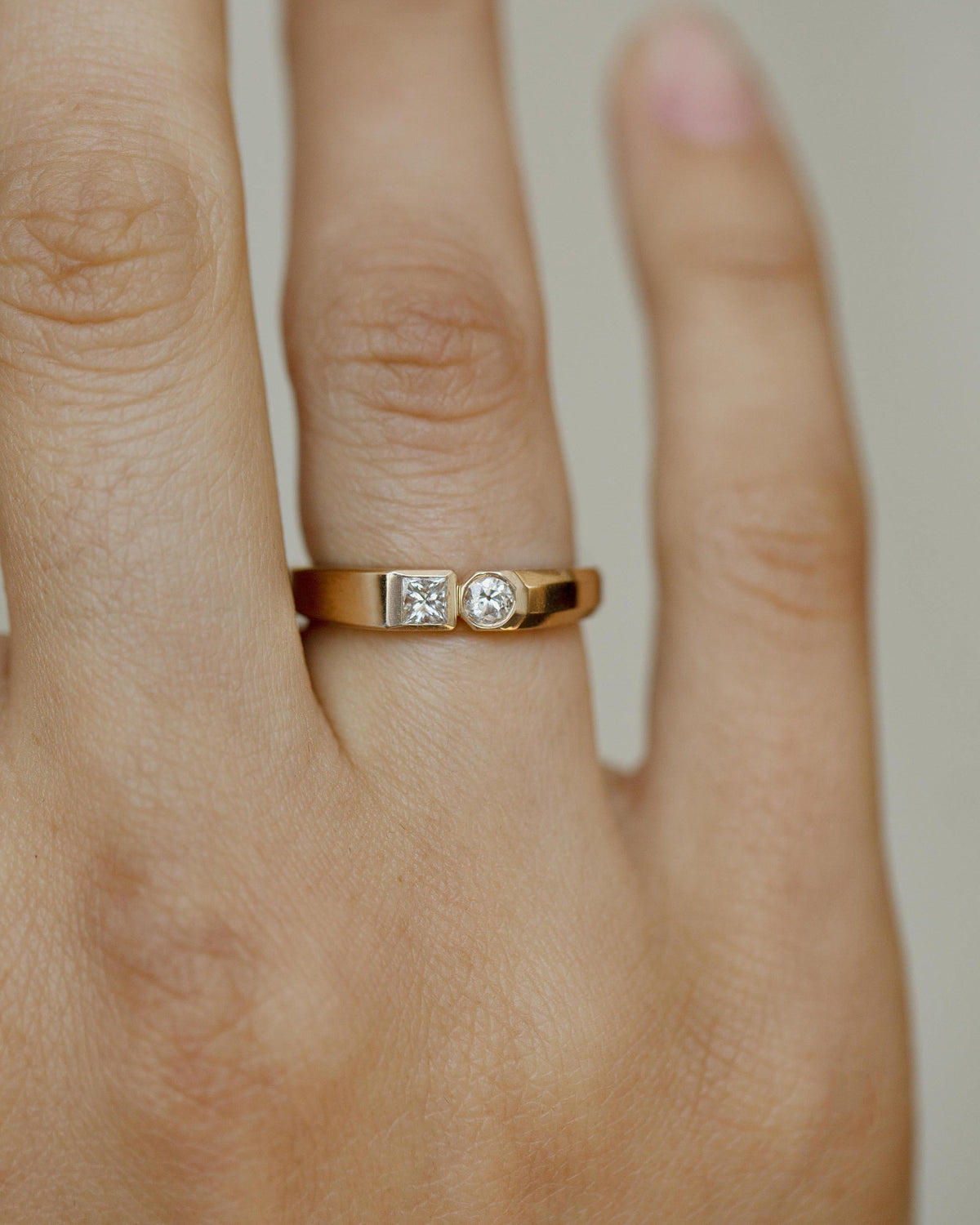 Round and Princess Cut Diamond Dyad Signet Ring