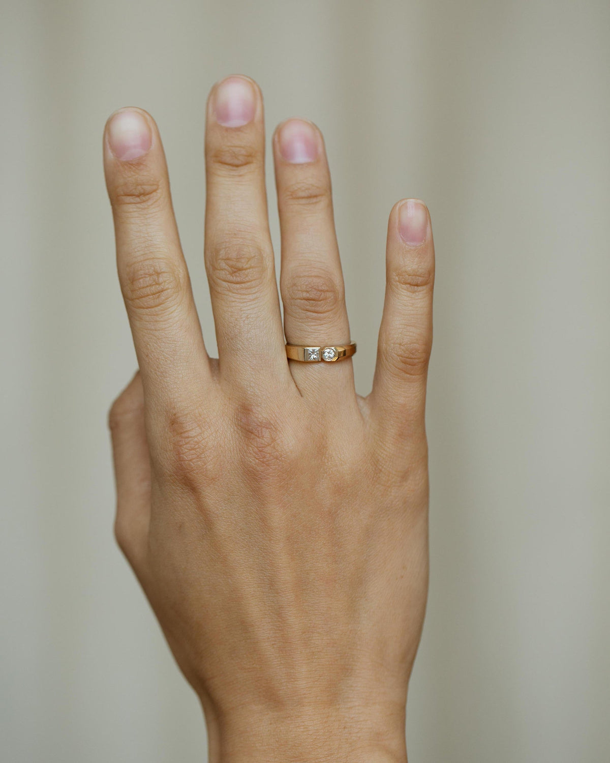 Round and Princess Cut Diamond Dyad Signet Ring