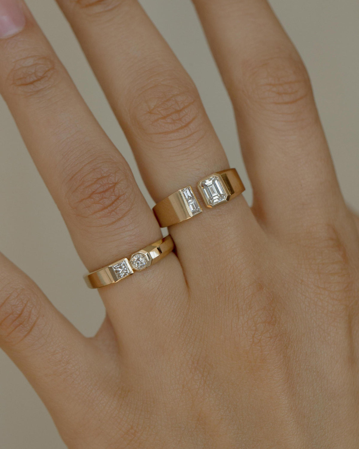 Round and Princess Cut Diamond Dyad Signet Ring