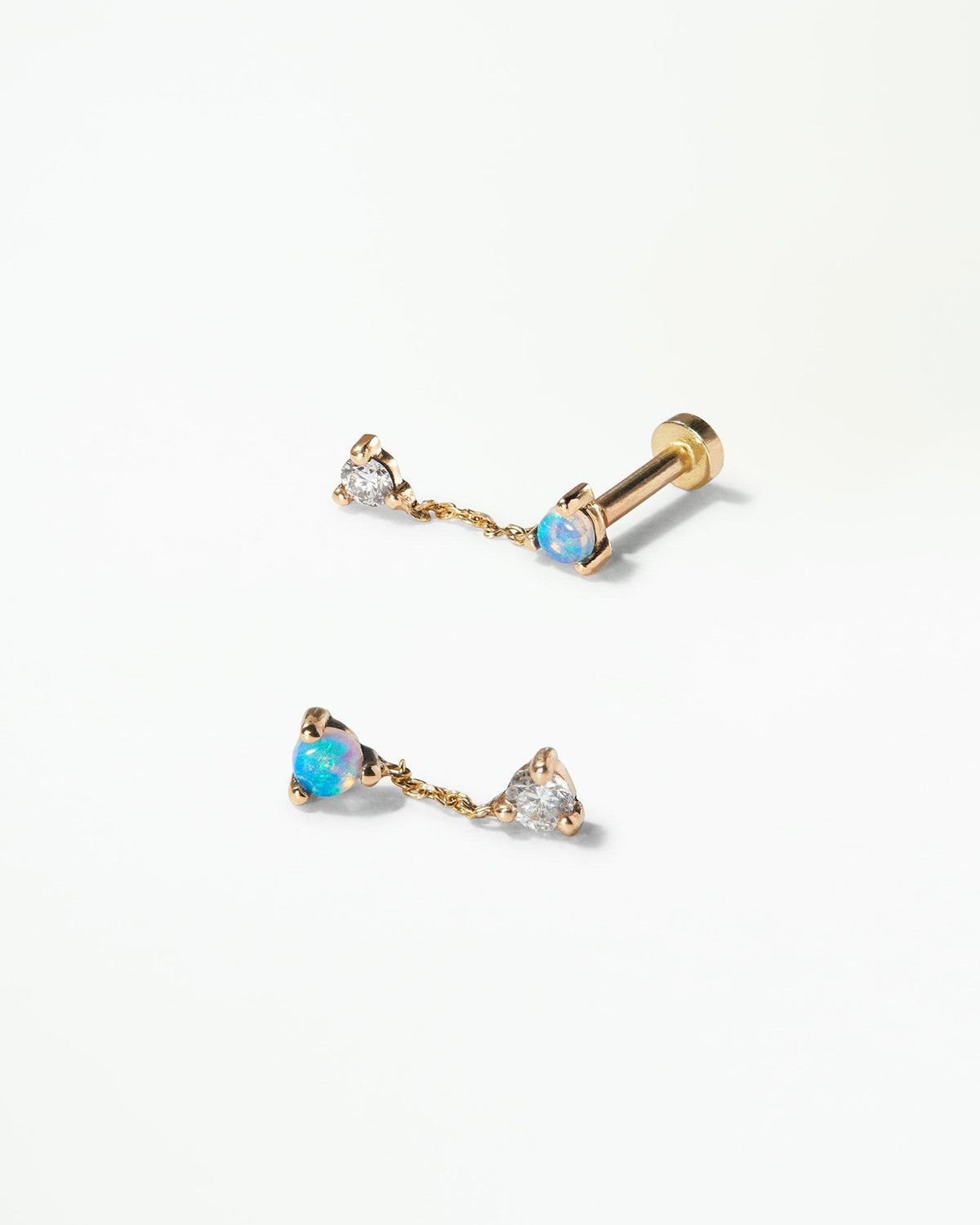 Small Opal and Diamond Two-Step Chain Flat Back Earring