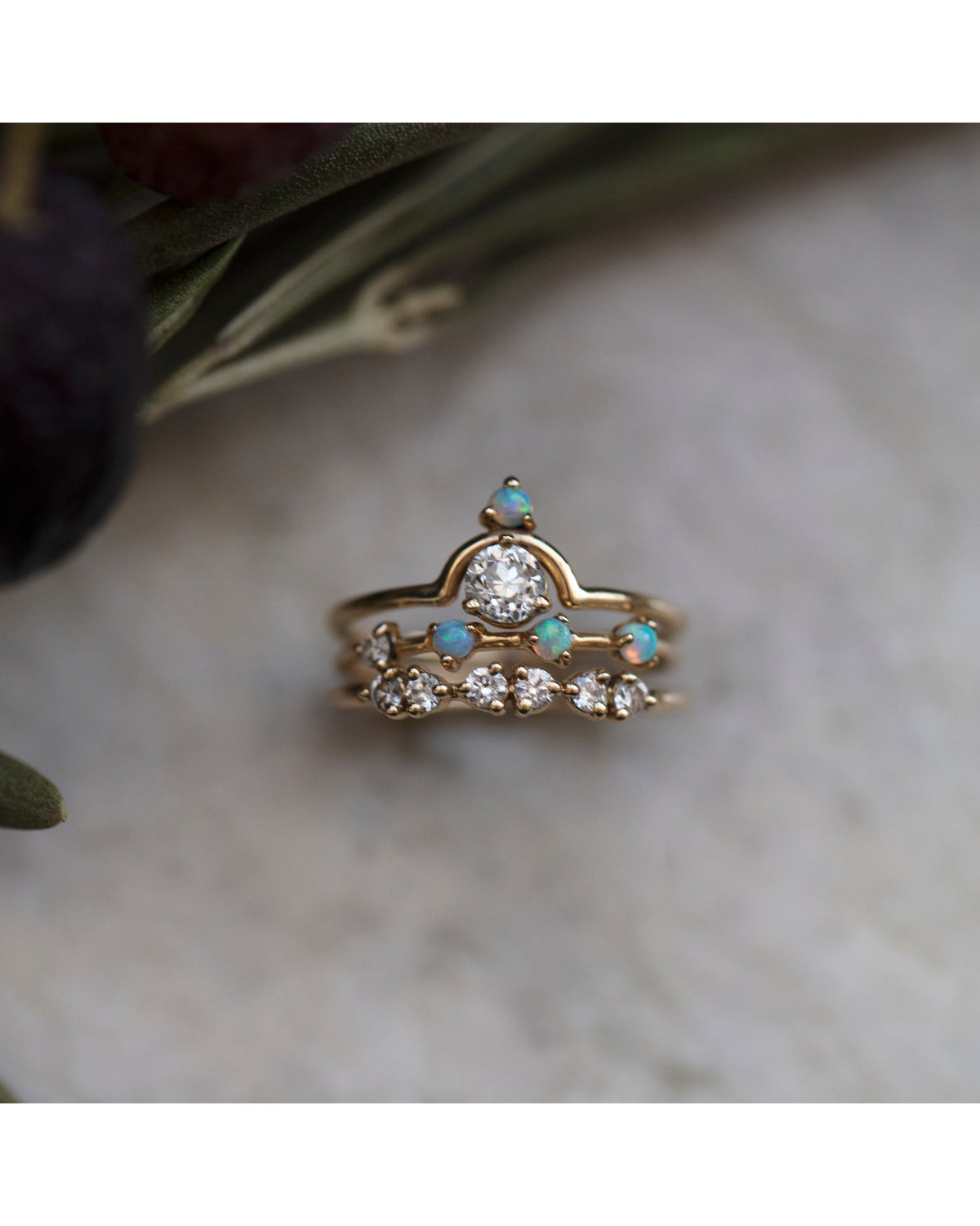 Small Round Cut Diamond and Opal Nestled Ring